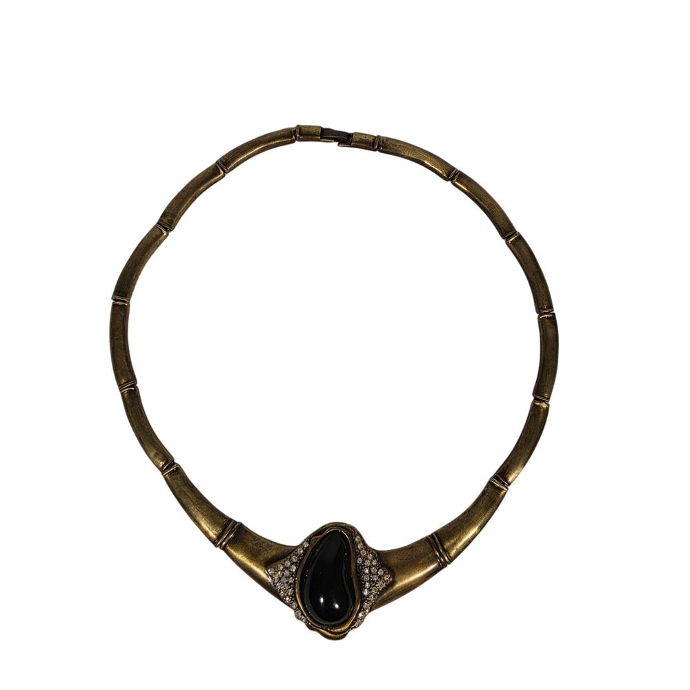 VINTAGE 70' 80' Antiqued-Gold Stunning BLACK Onyx Center Choker COLLAR Necklace.